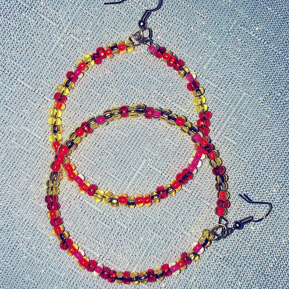 Seed beed handmade hoop earrings orange seed beeds on  hypoallergenic hoops